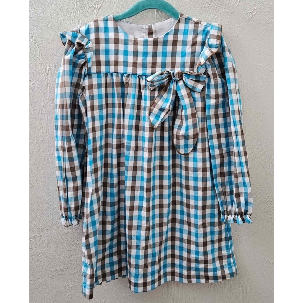 Bella Bliss Girls Size 6 Blue Brown Checkered Long Sleeve Dress Boutique Bow‎